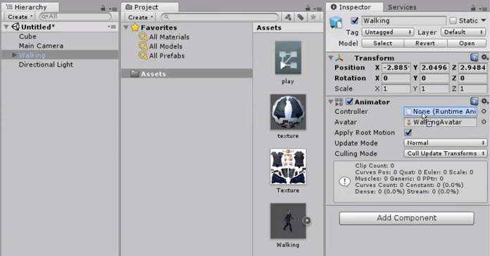 Unity 3d add animator controller to character